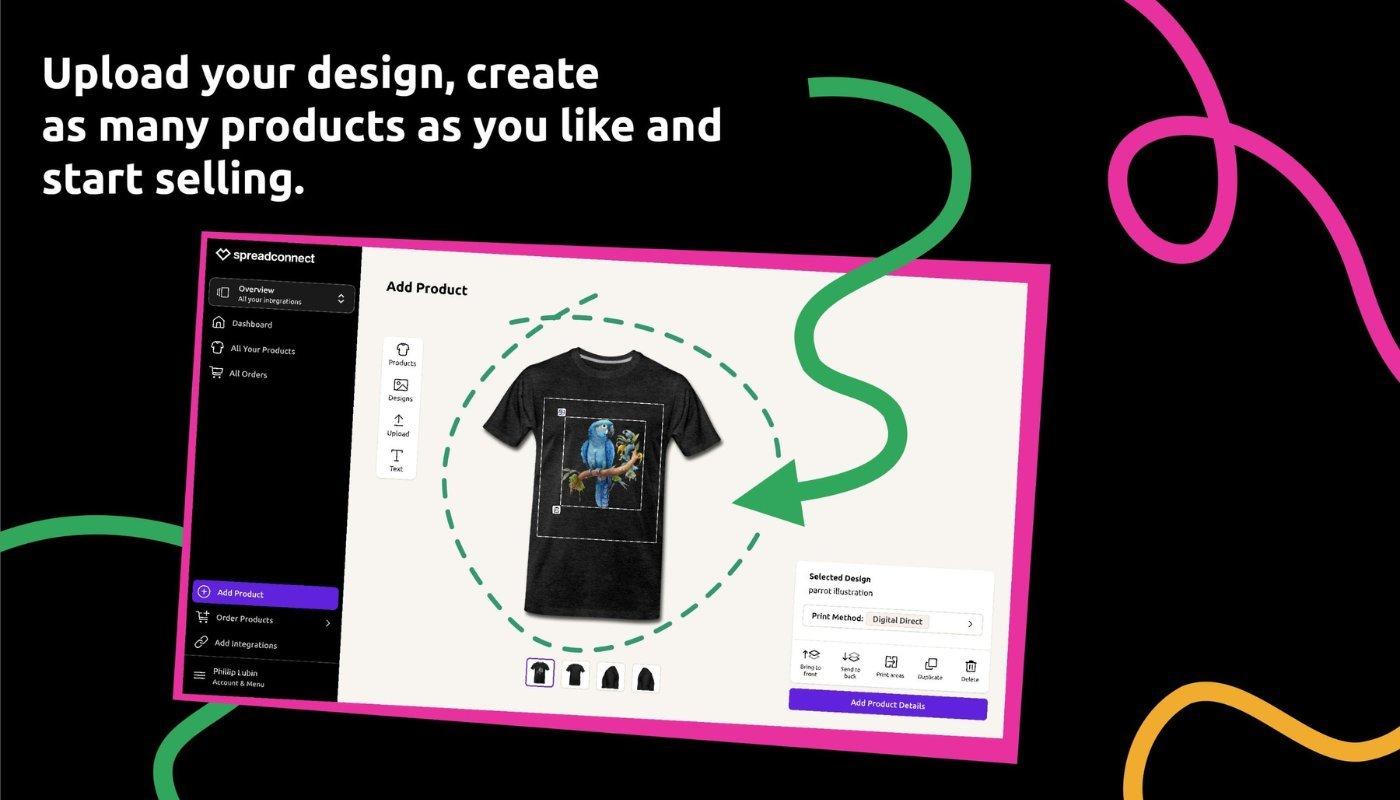 mockup of t-shirt design on spreadconnect backend